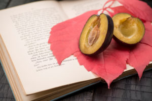 aufgeschlagenes Buch, Herbstblatt und halbierte Pflaume aufgeschlagenes Buch, Herbstblatt und halbierte Pflaume